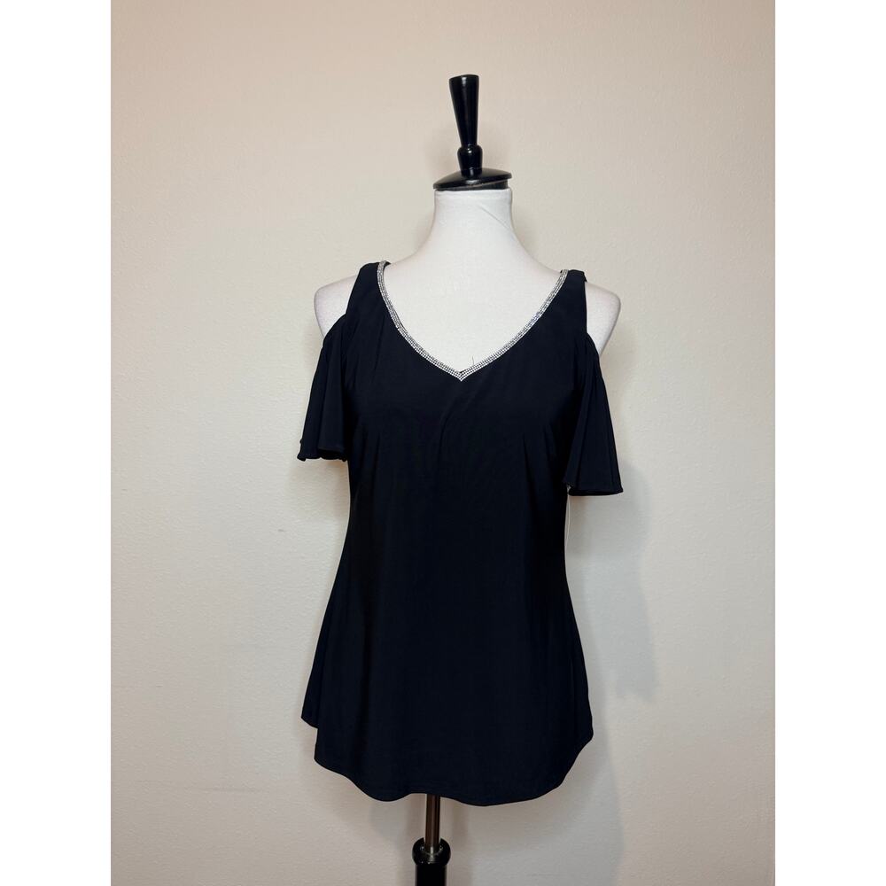 Women's Black Cold-Shoulder V-Neck Top with Silver Trim - Picture 3 of 8